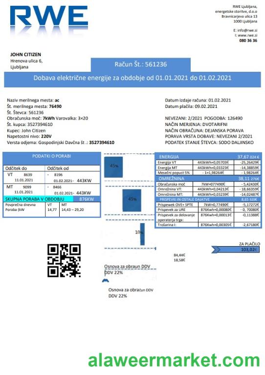 Slovenia RWE electricity proof of address utility bill template in Word and PDF format